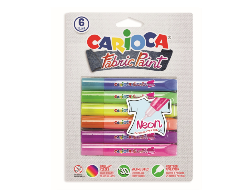 Vopsea textile 6 culori/blister, Carioca Fabric Paint - Neon