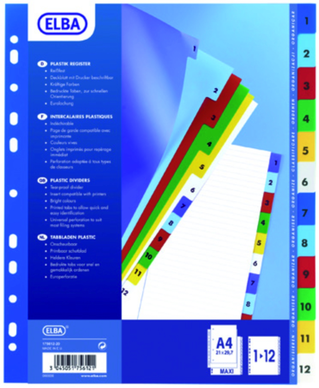 Index plastic color numeric 1-12, A4 XL, 120 microni, Elba