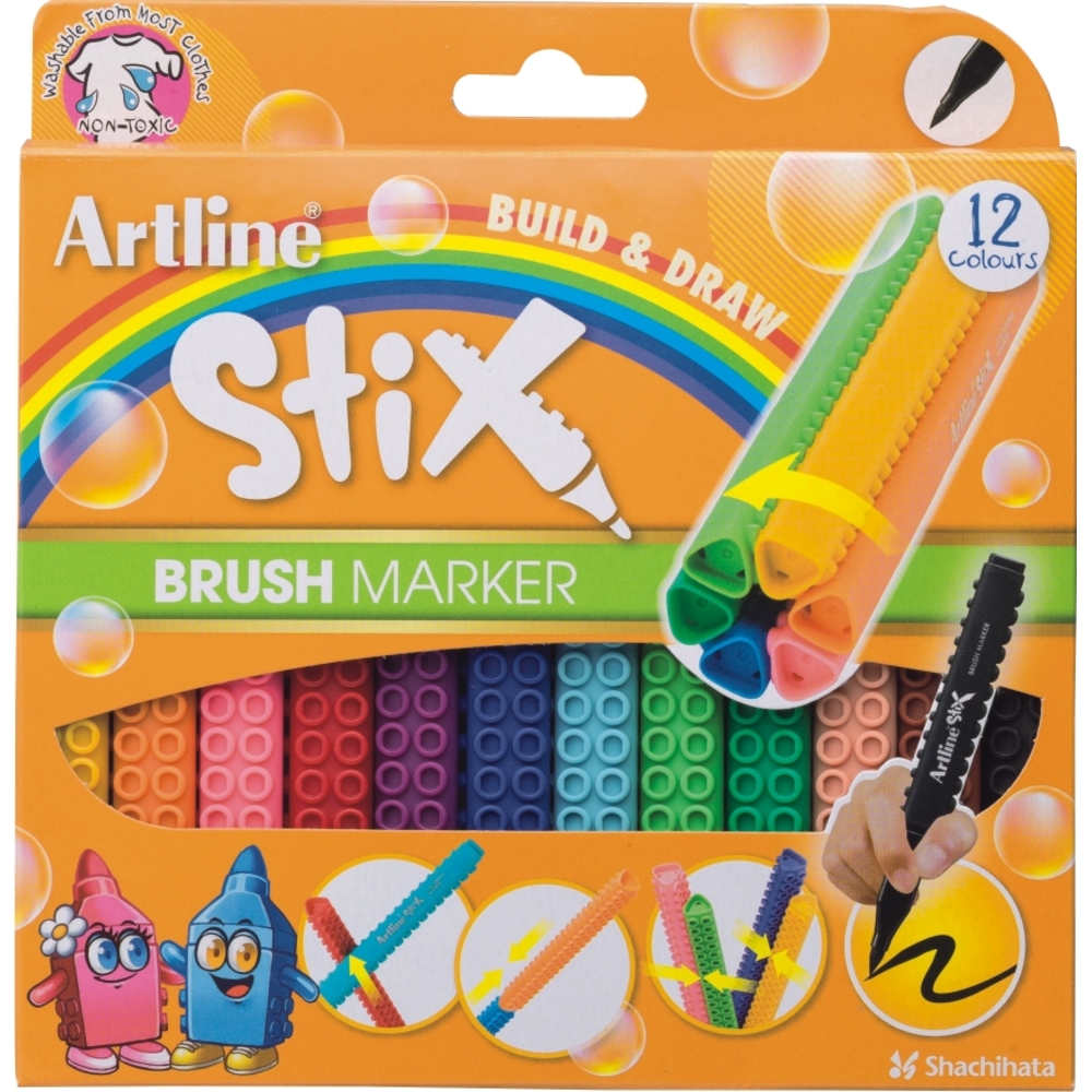 Marker pentru colorat ARTLINE Stix, varf flexibil (tip pensula), lavabil, 12 buc/cutie