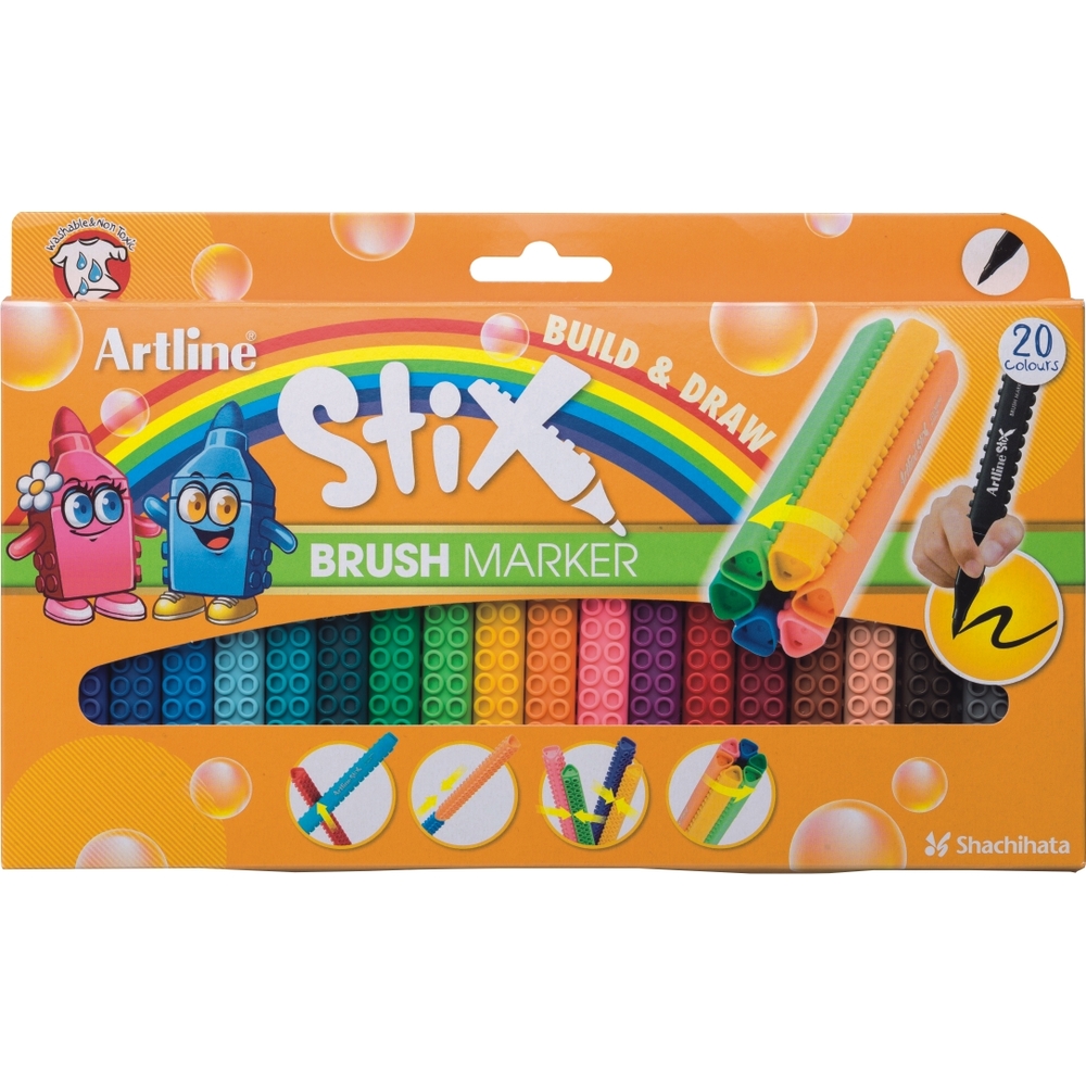 Marker pentru colorat ARTLINE Stix, varf flexibil (tip pensula), lavabil, 20 buc/cutie