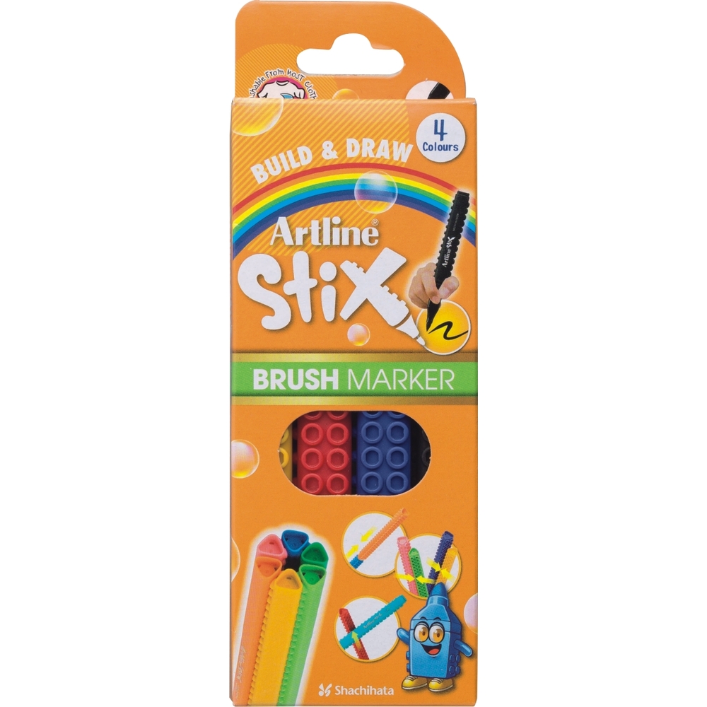 Marker pentru colorat ARTLINE Stix, varf flexibil (tip pensula), lavabil,  4 buc/cutie