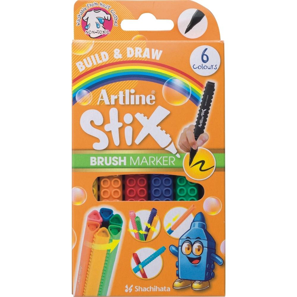 Marker pentru colorat ARTLINE Stix, varf flexibil (tip pensula), lavabil,  6 buc/cutie