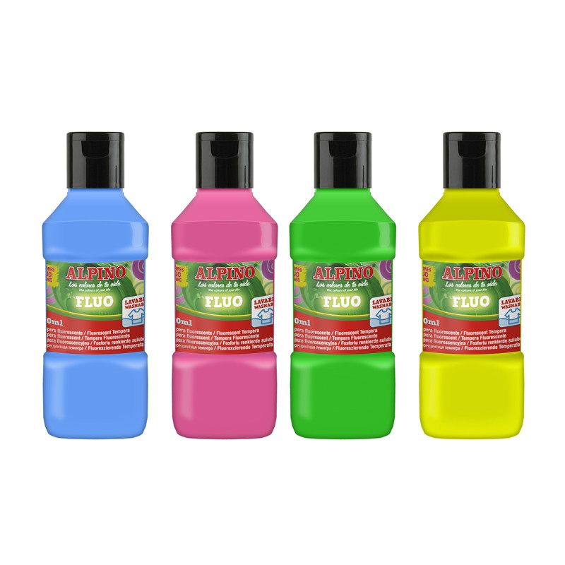 Tempera lavabila, fluorescenta, 4 culori x 250ml/cutie, Alpino