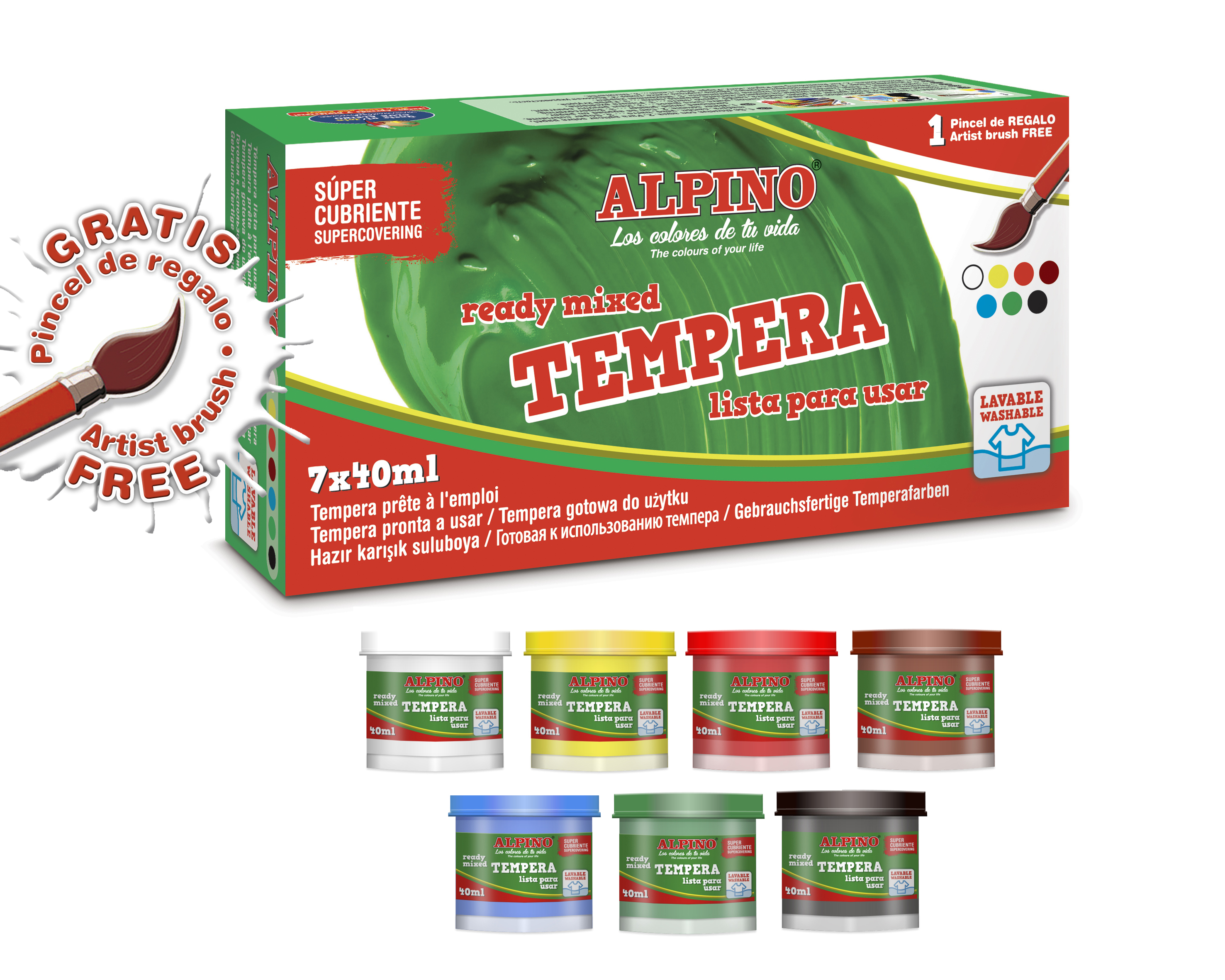 Tempera lavabila, 7 culori x 40ml/cutie + pensula gratis, Alpino