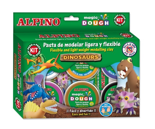 Kit 6 culori x 40gr plastilina magica + 4 seturi accesorii, ALPINO Dinosaurs