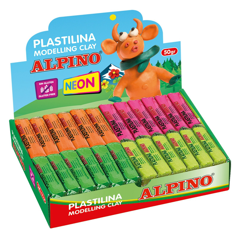 Display plastilina fluorescenta, 24 x  50gr./display, Alpino -  6 culori asortate