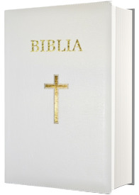 Biblia mare, 073, coperta piele, alba, cu cruce, margini aurii, repertoar