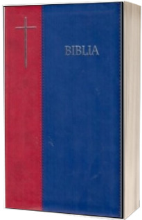 Biblia mare, 076, coperta pvc flexibil, rosu/albastru, cu cruce, cuvinte cu rosu, margini argintii, repertoar