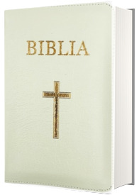 Biblia mica, 053, coperta piele, alba, cu cruce, margini aurii, repertoar, fermoar