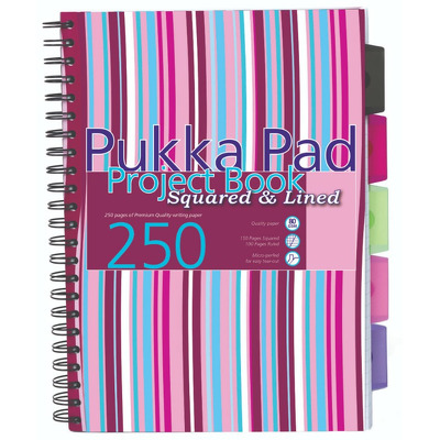 Caiet cu spirala si separatoare Pukka Pads Project Book Stripes A4, 250 pagini dictando, roz PROBA4(3)