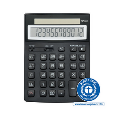 Calculator de birou Maul ECO950, 12 digits, realizat din plastic reciclat, incarcare solara- negru