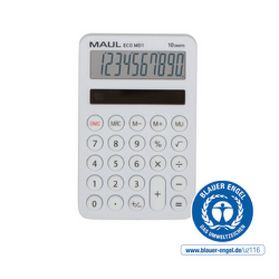 Calculator de buzunar Maul ECO MD1, 10 digits, realizat din plastic reciclat, incarcare solara- alb