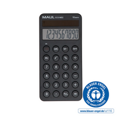 Calculator de buzunar Maul ECO MD2, 10 digits, realizat din plastic reciclat, incarcare solara-negru