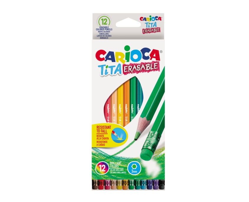 Creioane colorate Carioca Tita Erasable, hexagonale, flexibile, erasable, 12 culori/cutie, cu guma