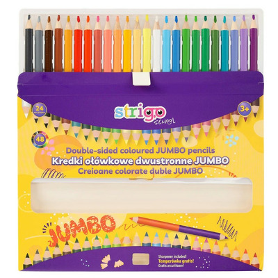 Creioane colorate duble, Strigo Jumbo, 24 bucati, 48 culori, triunghiulare, cu ascutitoare