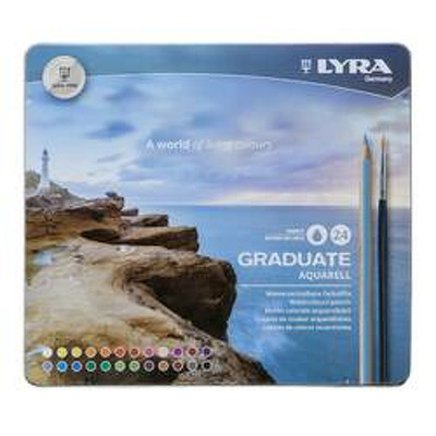 Creioane colorate LYRA Graduate Aquarell, 24 culori si pensula in cutie metalica