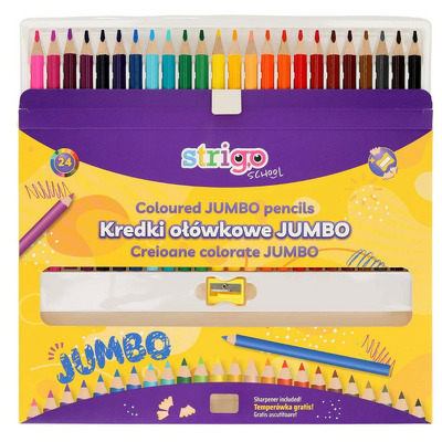 Creioane colorate Strigo Jumbo, triunghiulare, cu ascutitoare, 24 culori