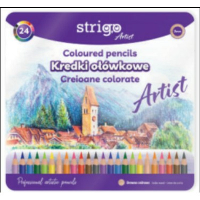 Creioane colorate Strigo, seria ARTIST, 24 culori, cutie metalica, lemn cedru