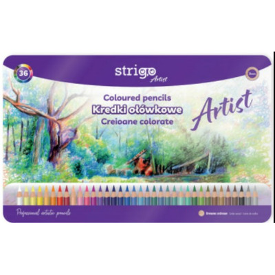 Creioane colorate Strigo, seria ARTIST, 36 culori, cutie metalica, lemn cedru