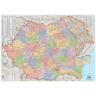 Harta administrativa de perete Romania si Moldova. Dimensiune 100x70cm, cu sipci din lemn si agatatoare