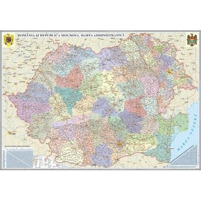 Harta  administrativa, fara sipci, Romania si Republica Moldova. Dimensiuni 1000x700 mm