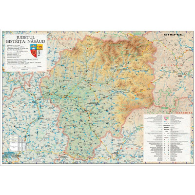 Harta Judetului Bistrita - Nasaud. Dimensiune 100x70cm, cu sipci din lemn