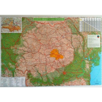 Harta judetului Brasov pe harta Romaniei. Dimensiune 122x88cm, cu sipci din metal si agatatoare