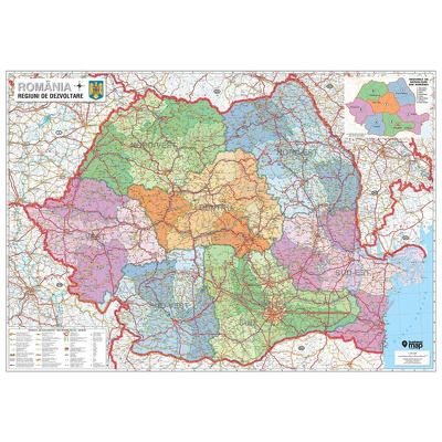 Harta regiunilor de dezvoltare din Romania. Dimensiune 100x70cm, cu sipci din lemn