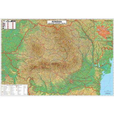 Harta Romania Rutiera-Administrativa-Geografica. Dimensiune 100x70cm, cu spici din lemn