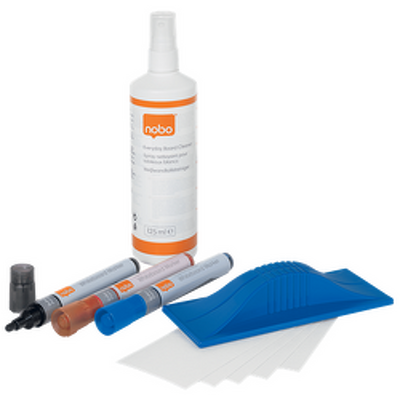 Kit pentru tabla NOBO, 3 markere diverse culori, burete magnetic   rezerva, spray curatare 125 ml