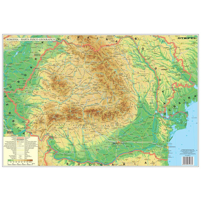 Mapa de birou, Romania Fizico-Geografica. Dimensiune 70x50cm  STIEFEL