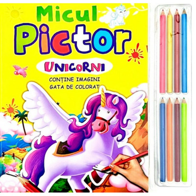 Micul pictor. Unicorni + set de 8 creioane colorate, Flamingo