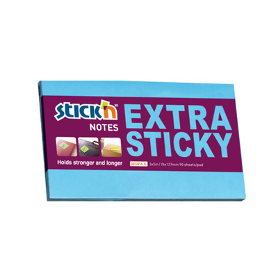 Notes autoadeziv extra-sticky 76 x 127mm, 90 file, Stickn - albastru neon