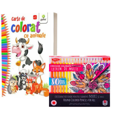 Pachet creativ pentru micii artisti (creioane colorate si carte de colorat)