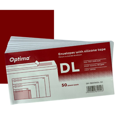 Plic DL (110x220mm), lipire siliconica, 50 buc/set, Optima - alb