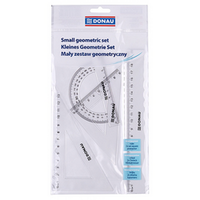 Set geometrie mic, contine: rigla 20cm, raportor, echer 10.5cm si echer 15cm, DONAU -transparent