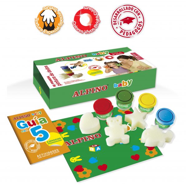 Tempera lavabila, pentru pictura cu mana, 4 x 40ml/set   4 bureti, Alpino Baby Finger Paint