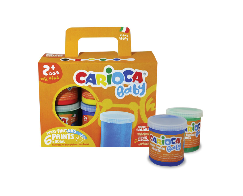 Tempera super lavabila, pentru pictura cu mana, 6 culori x 80ml/set, Carioca Baby Finger Paint 2