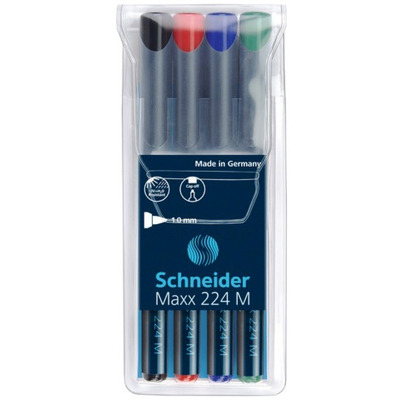 Universal permanent marker Schneider Maxx 224 M, varf 1mm, 4 culori/set - (N, R, A, V)