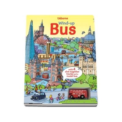 Wind-up bus book with slot-together tracks